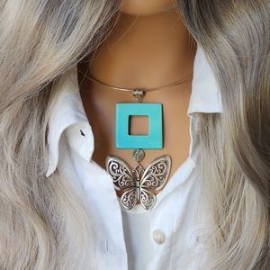 Large Silver Butterfly Blue Howlite Stone Pendant Designer Necklace